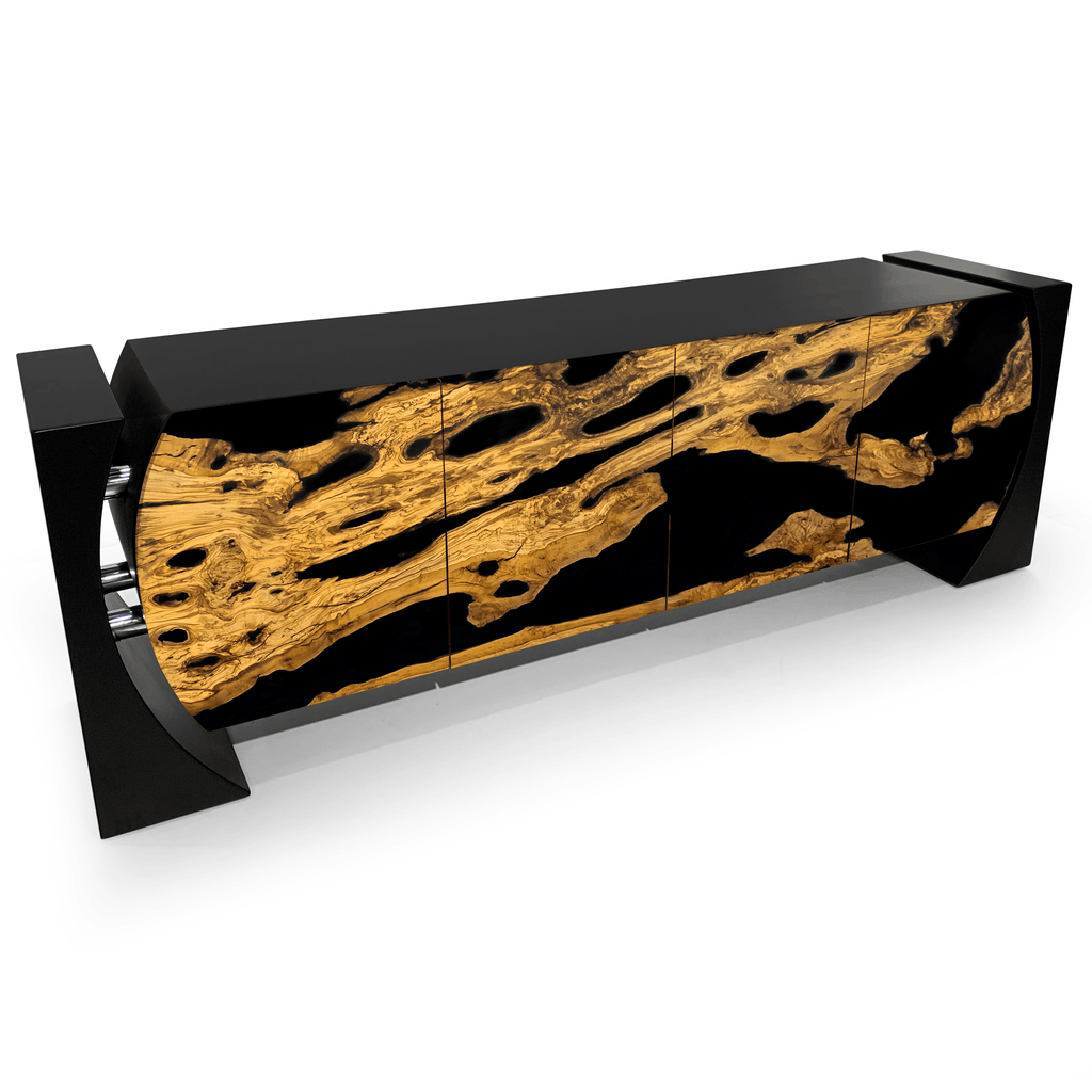 Black Loire Olive Wood Credenza with black and gold wooden buffet and abstract patterns