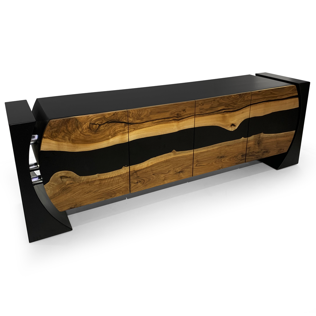 Black Loire Walnut Credenza with walnut wood panels, black top, and stylish base connection