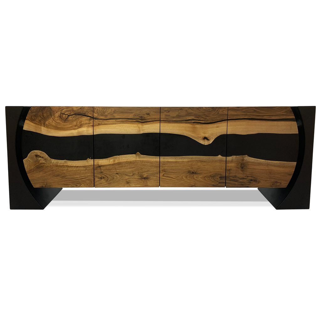 Modern walnut wood sideboard with black Loire walnut resin river design and base connection