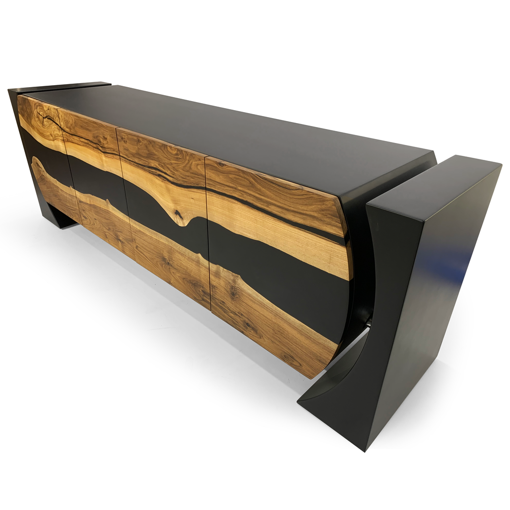 Black Loire Walnut Credenza with black top and natural wood slabs with resin inlay