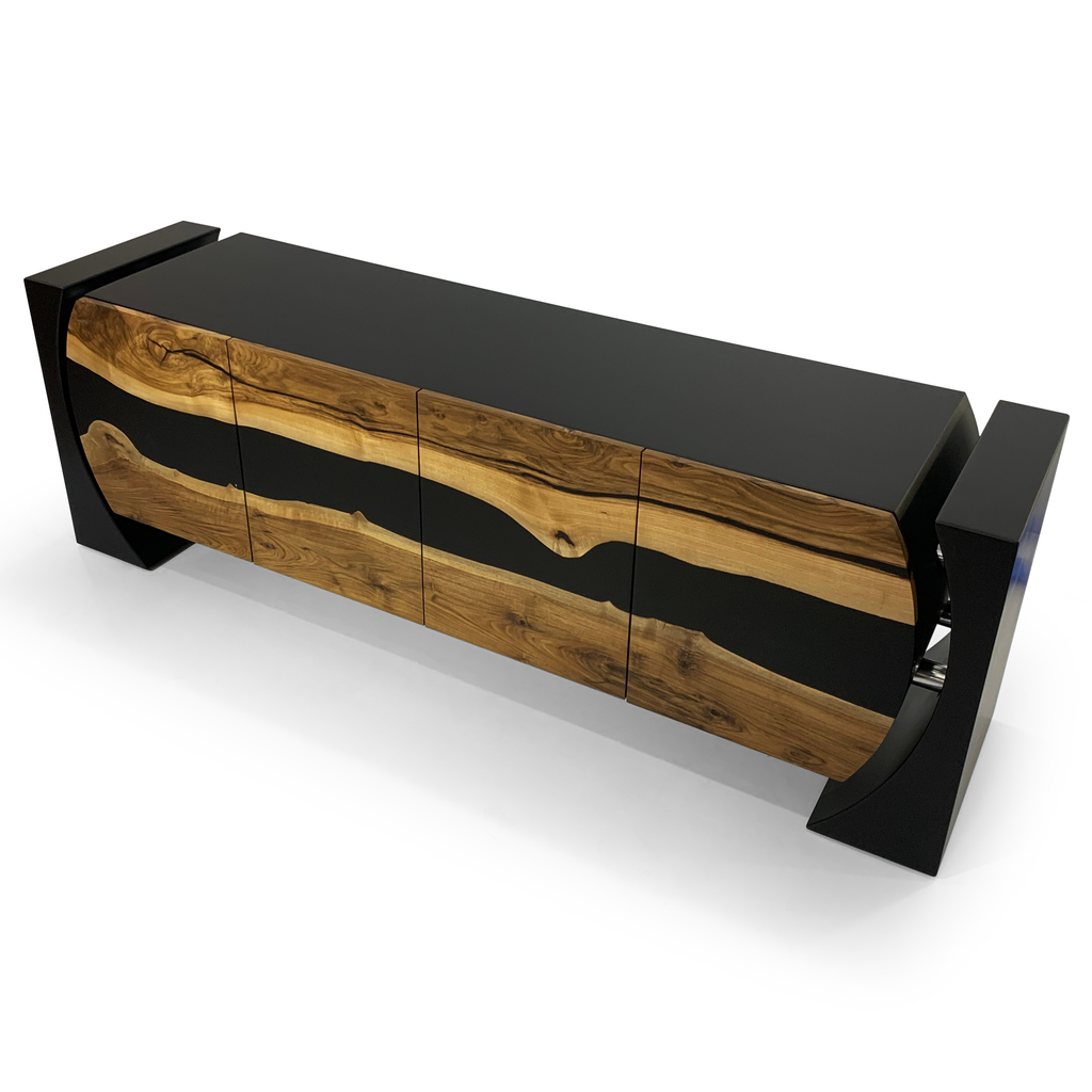 Black Loire Walnut Credenza with walnut wood doors and black resin river design
