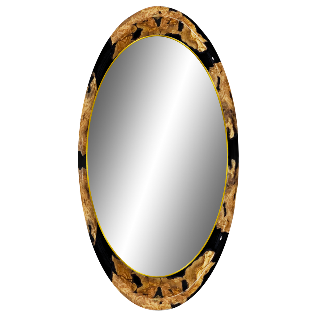 Black Megera Olive Wood Wall Mirror with oval shape and organic-patterned frame