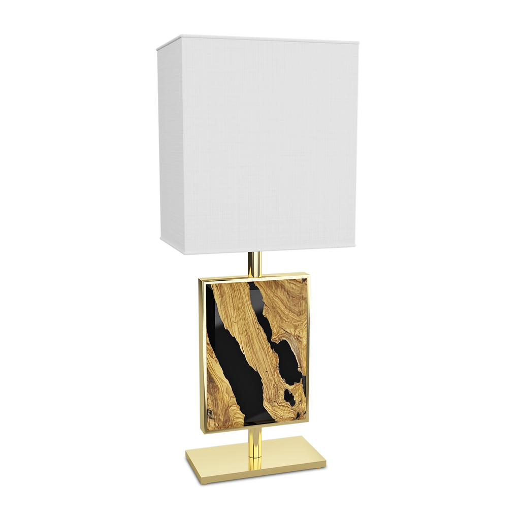Modern Black Menthe Table Lamp with white shade, gold frame, and wood and black resin body framed material