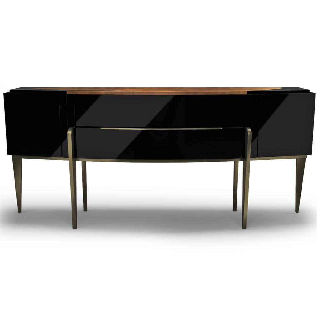 Black Padua Console with glossy black lacquered body, curved front, and bronze frame