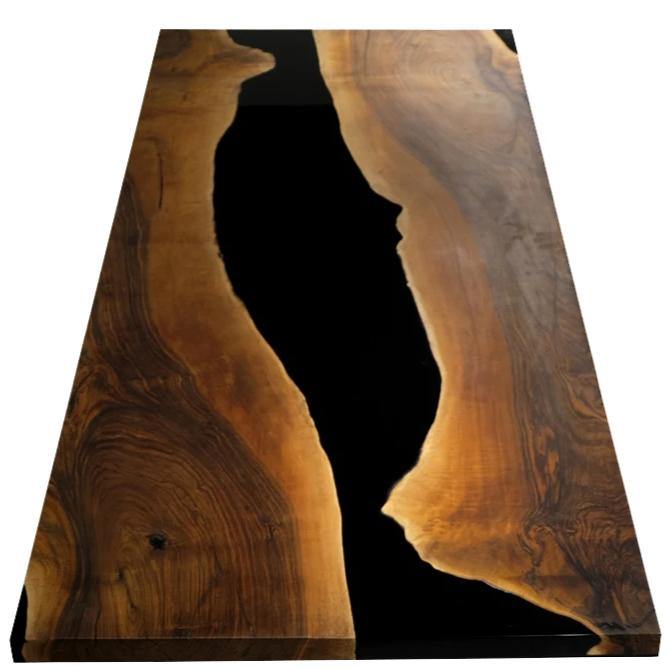 Black Thyria River Walnut Dining Table with live-edge wood and black epoxy river