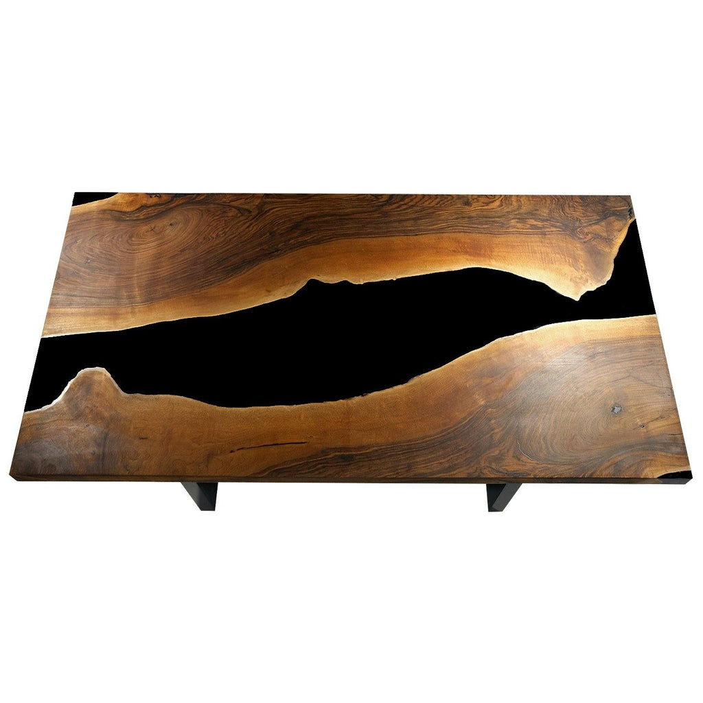 Live edge Black Thyria River Walnut dining table with black resin river detail