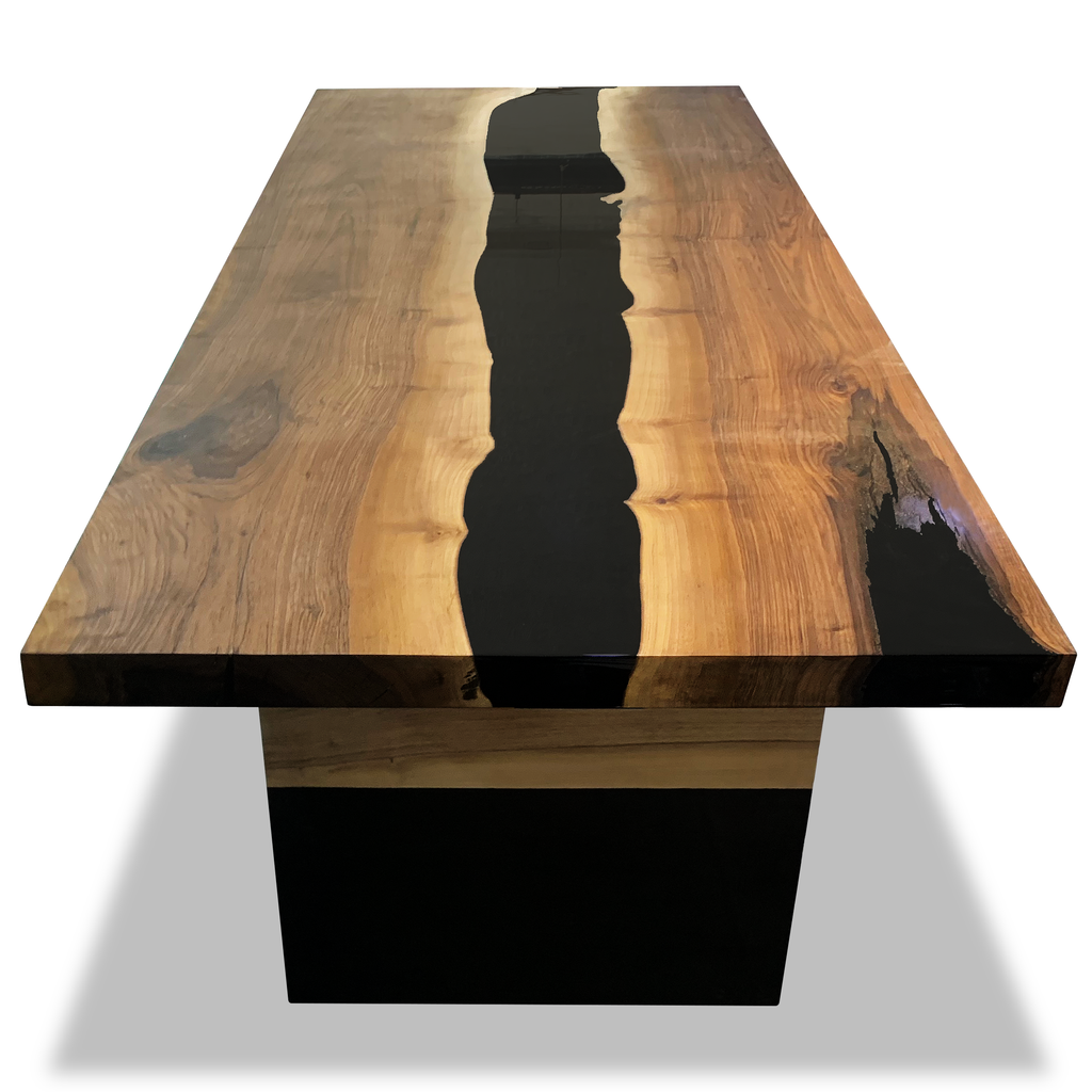 Black Thyria River Walnut Dining Table with live edge wood and black epoxy river finish