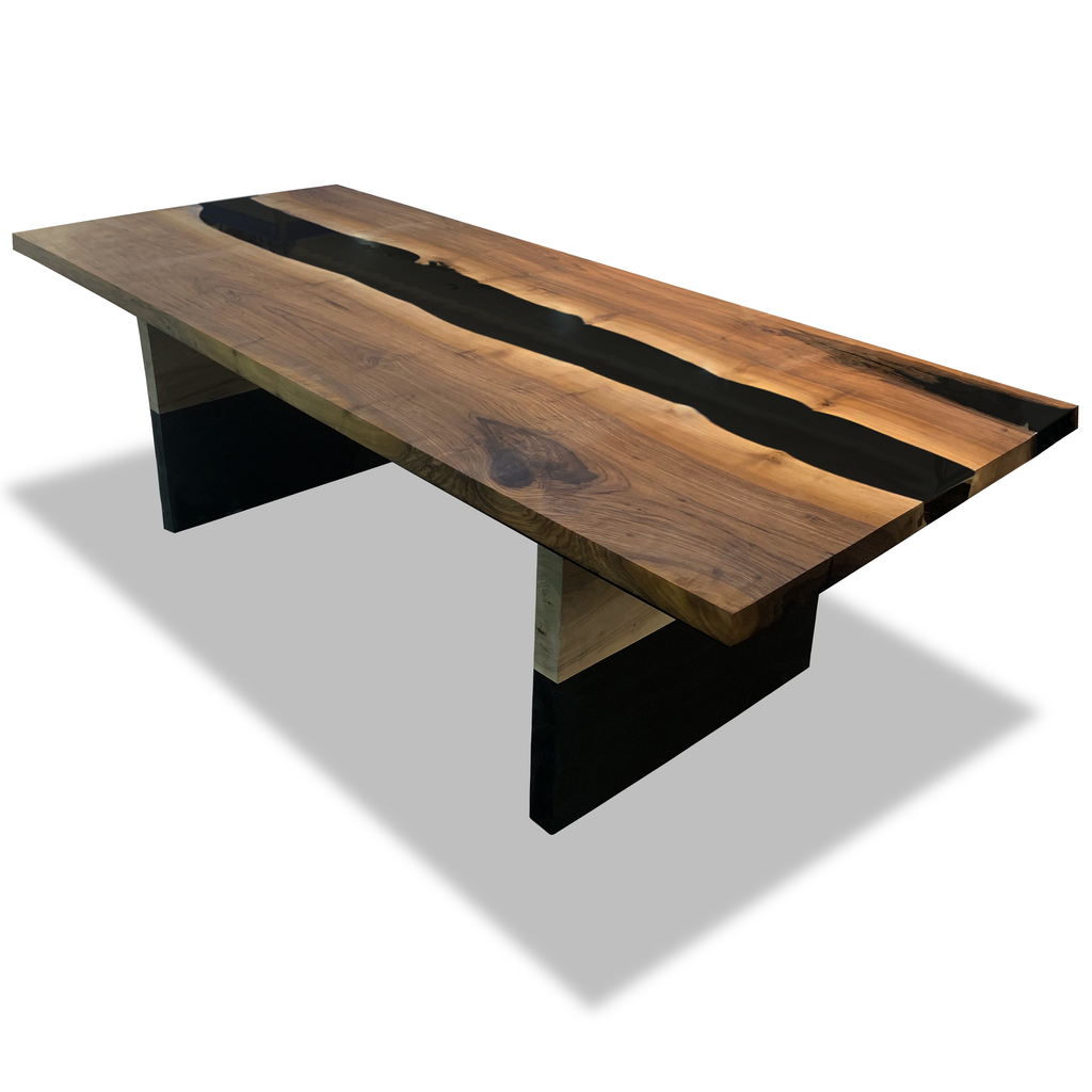 Black Thyria River Walnut Dining Table with wooden top and black resin river centerpiece