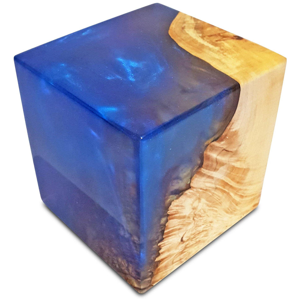 Blue decorative cube made of resin and wood for stylish home decor