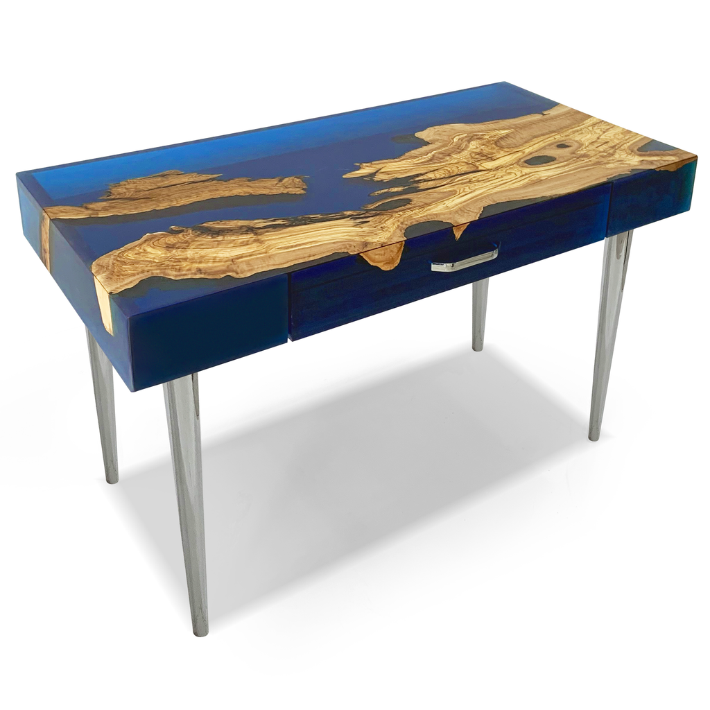 Blue Harmonia Olive Wood Desk with dark blue resin top and embedded natural olive wood pieces