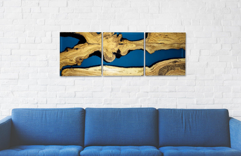 Blue Phaetusa Olive Wood Wall Art with three resin and wood panels showcasing olive wood craftsmanship