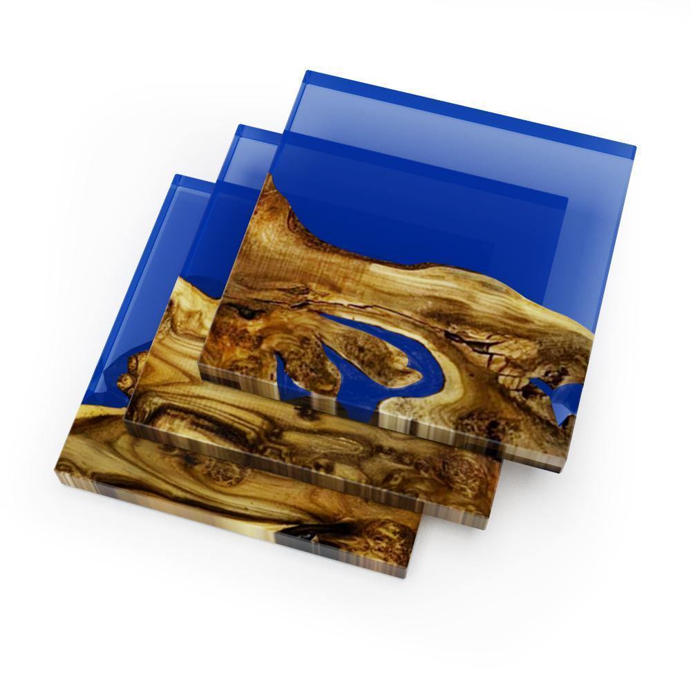 Blue Phaetusa Silverberry wood coasters with organic wood patterns and resin accents