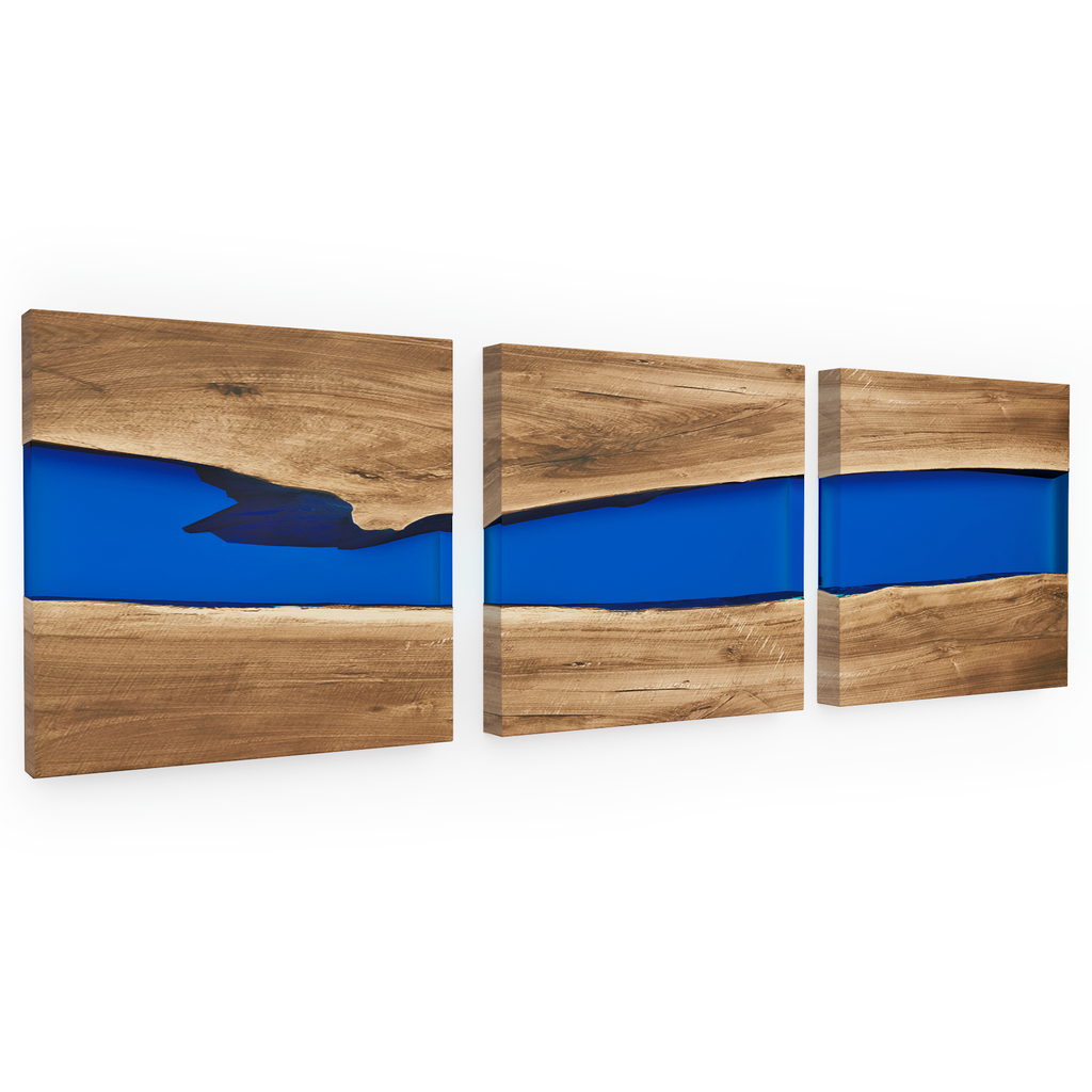 Blue Phaetusa Walnut Wall Art with three wooden panels and blue resin inlays