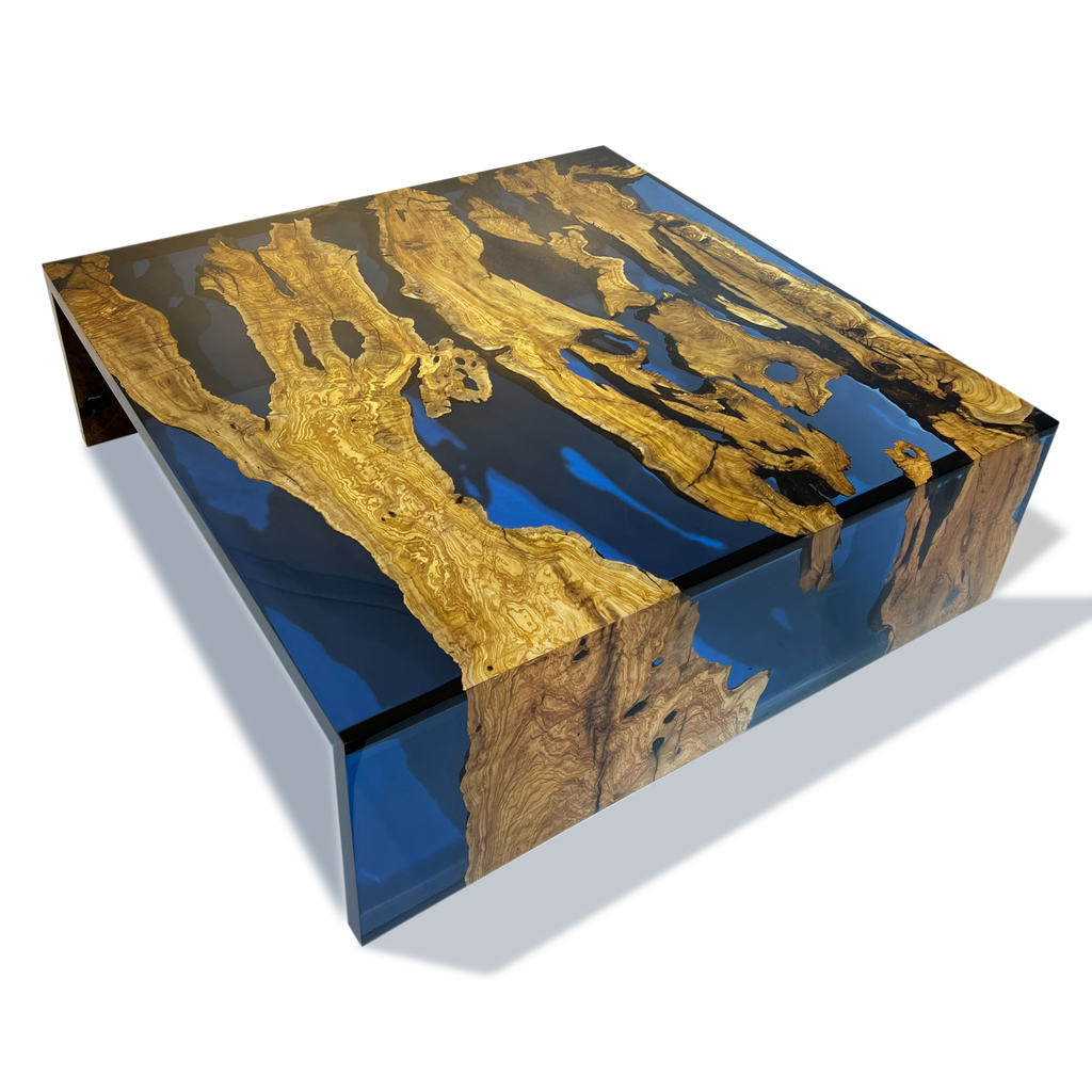Blue Waterfall Olive Coffee Table featuring a square wooden and blue resin design