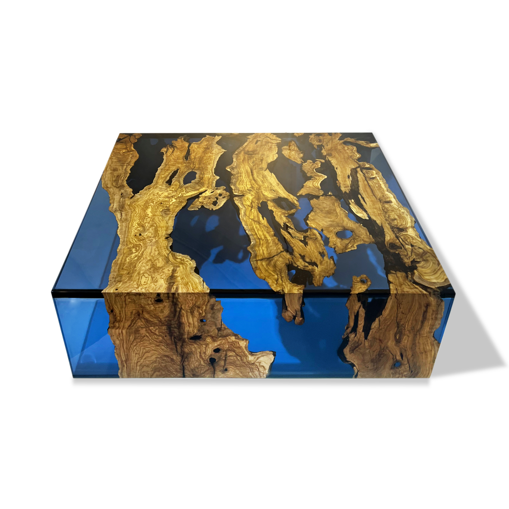 Blue Waterfall Olive Coffee Table showcasing a rectangular design with olive wood and blue epoxy resin