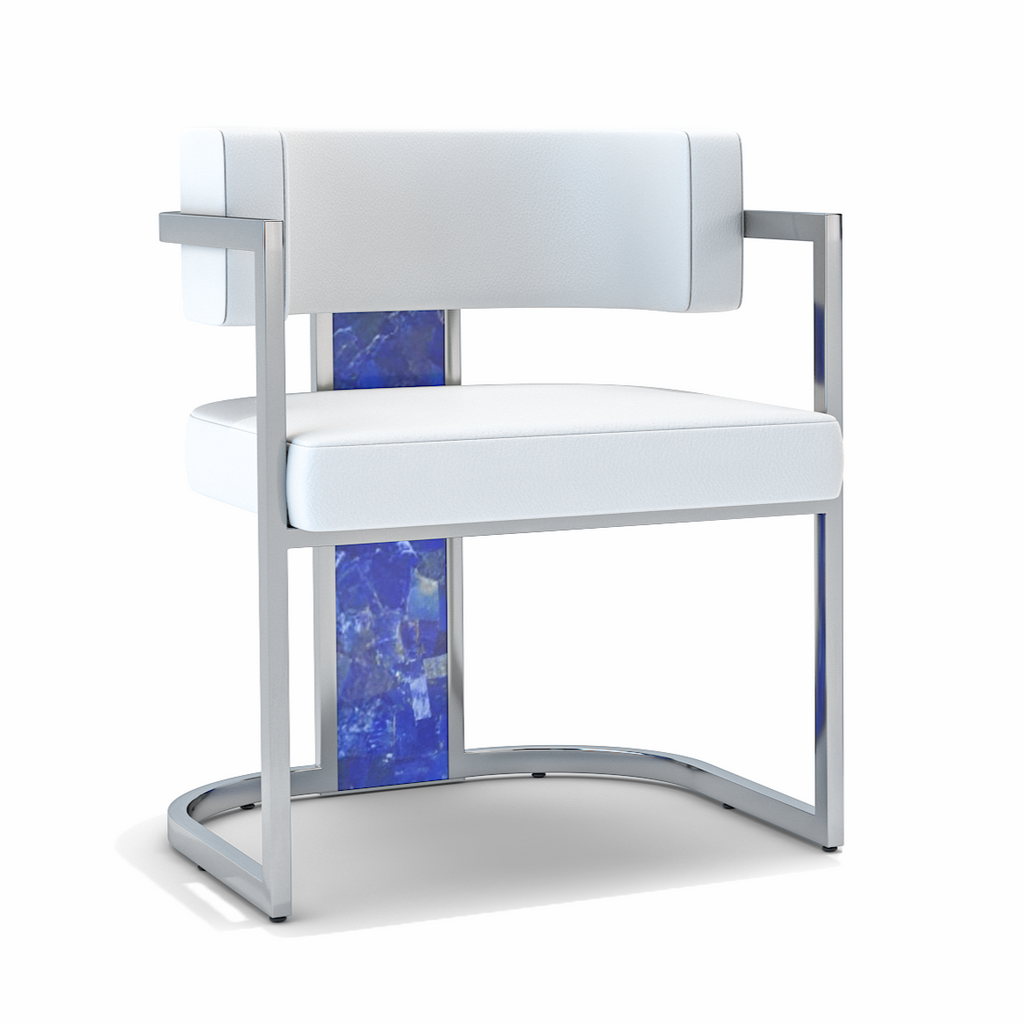 White Matera dining chair with white upholstery, chrome frame, and blue patterned accents