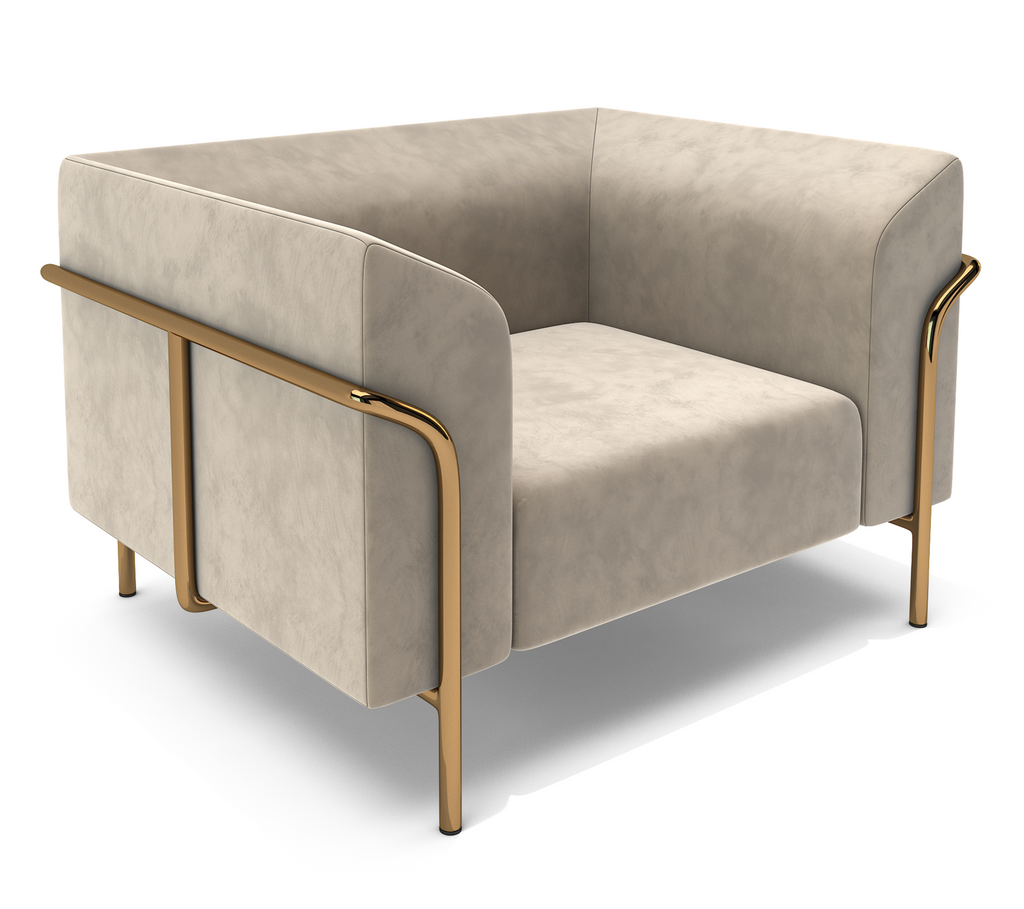 Phobos Accent Chair with beige velvet upholstery and gold metal frame for stylish seating