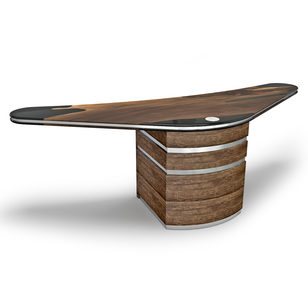 Modern Boomerang Walnut Wood Desk with dark irregular top and curved wooden base