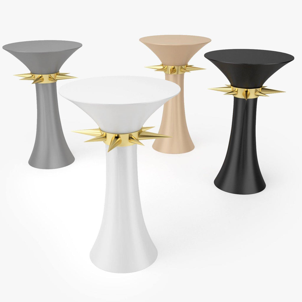 Brass Spike End Table set with four pedestal spike end tables in grey white beige black