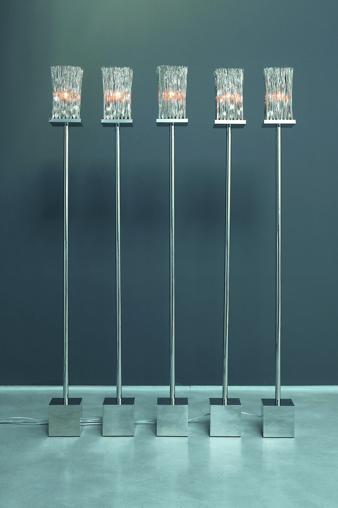 Modern Broom Floor Lamp with crystal shades and chrome poles for warm ambient lighting