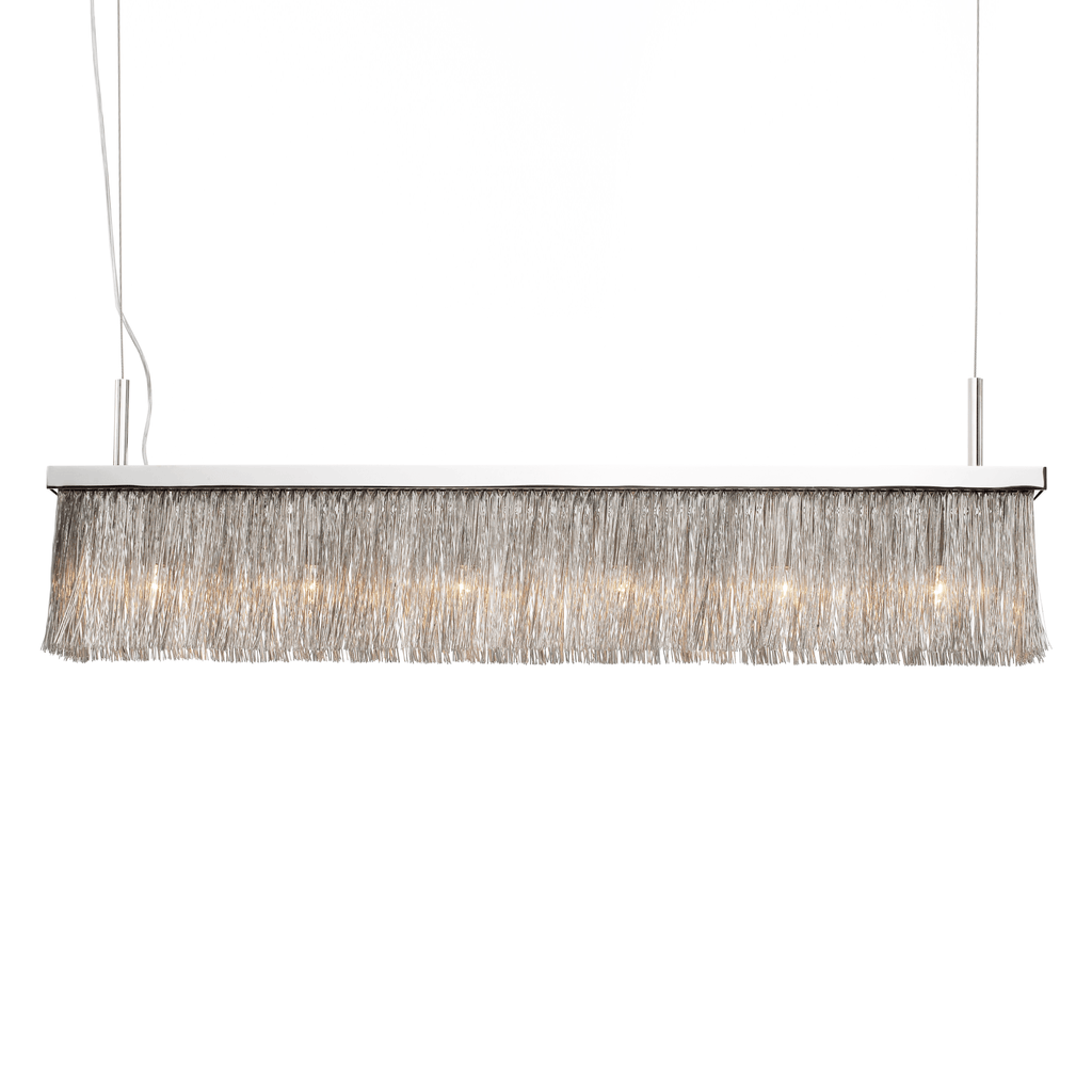 Broom Hanging Lamp with polished chrome finish and shimmering metal chain fringe