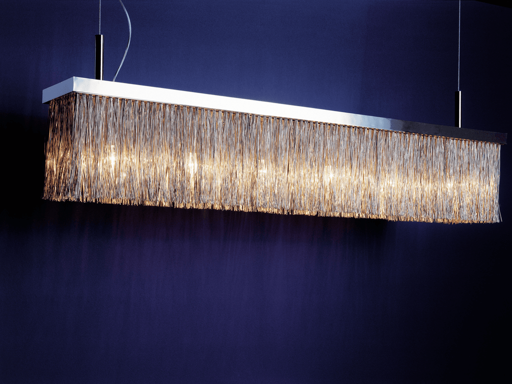 Broom Hanging Lamp with rectangular polished metal frame and dangling silver chains