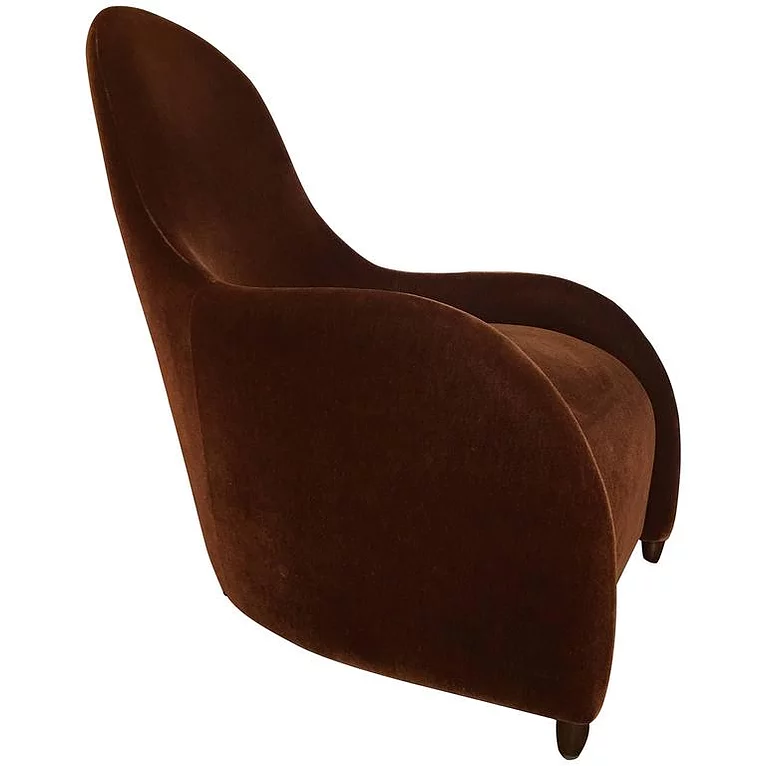 Brown modern velvet Brueton Chair with high back and rounded arms for stylish comfort