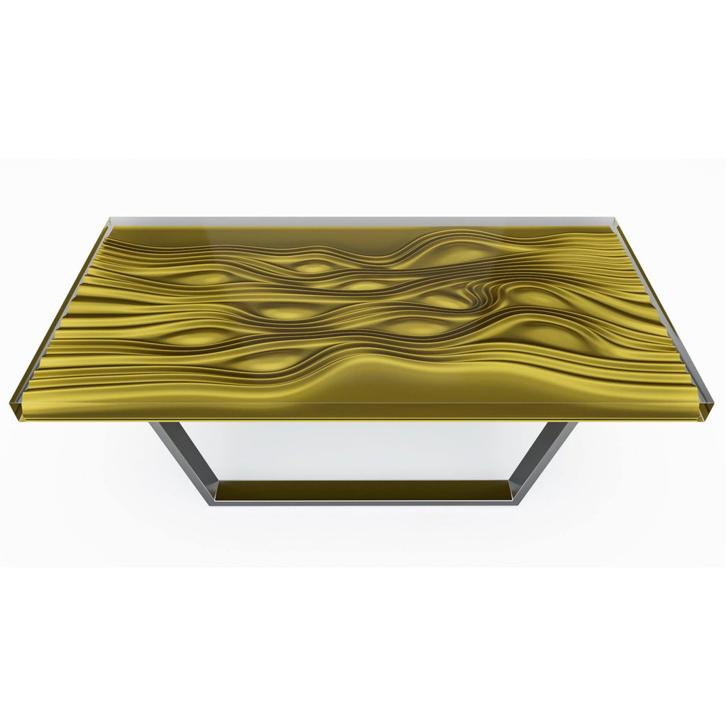 Phebus Bubbles Coffee Table with gold-toned rippled glass top and dark metal base