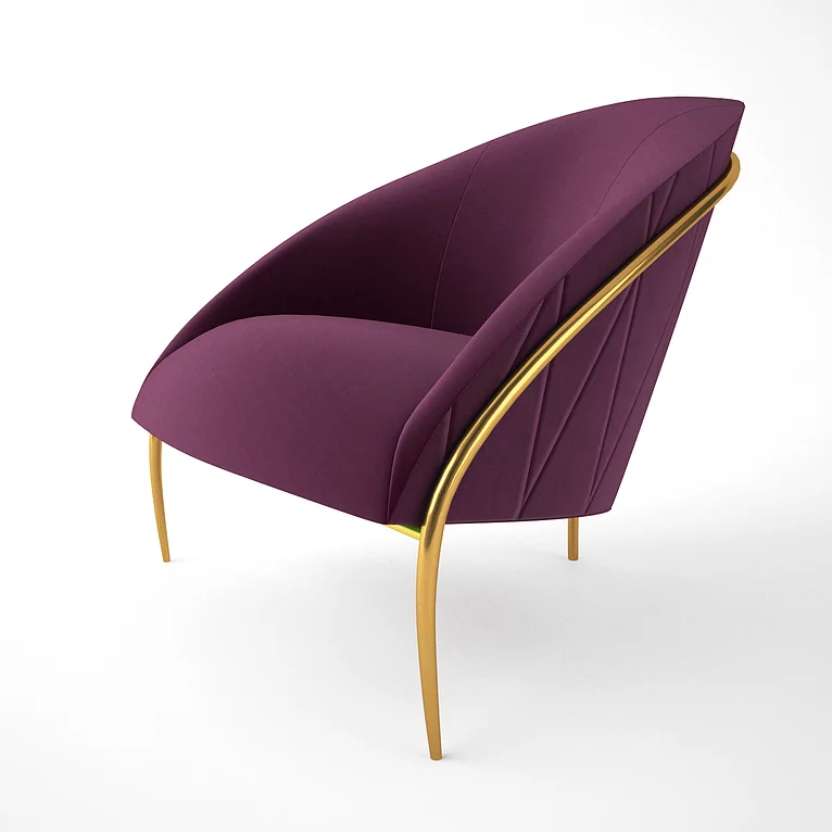 Caliza Chair modern purple velvet armchair with gold metal frame and tapered gold legs