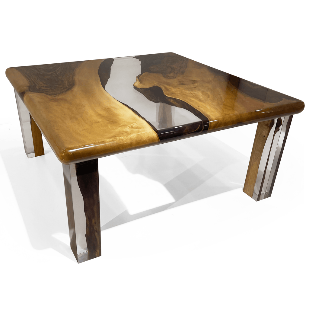 Camene Walnut Wood Square Coffee Table with live-edge walnut wood and clear resin river