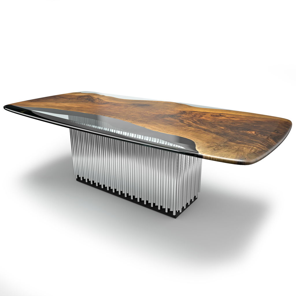 Evohe Walnut Wood Dining Table with live-edge top, resin inlay, and chrome rod base