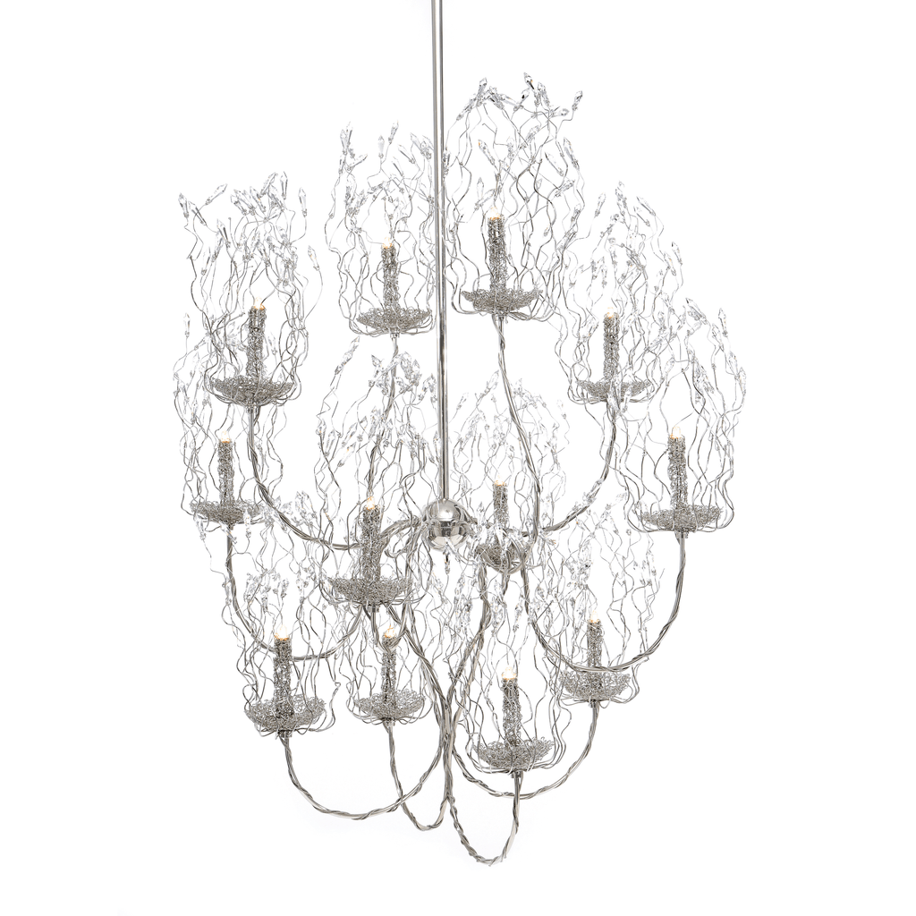 Chrome spirits chandelier round with twelve faux candle lights and intricate wire-wrapped shades