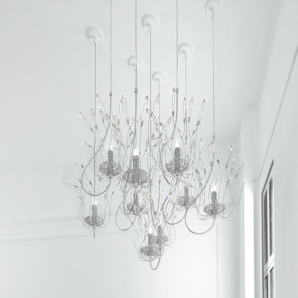 Modern spirits hanging lamp with silver branch frame and exposed candle bulbs