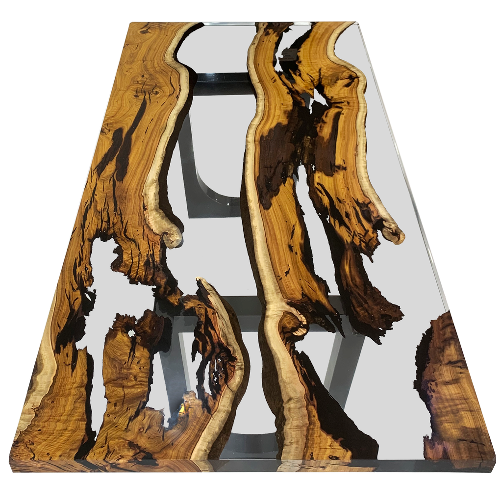 Carna Hackberry Wood Dining Table with live edge hackberry wood and clear epoxy resin