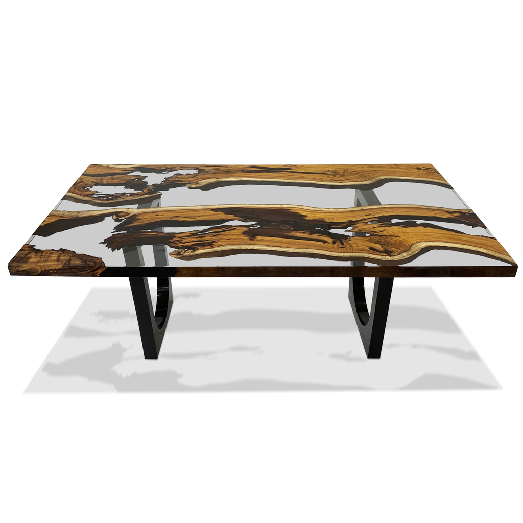Carna Hackberry Wood Dining Table with Rectangular Live-Edge Hackberry Wood and Clear Resin