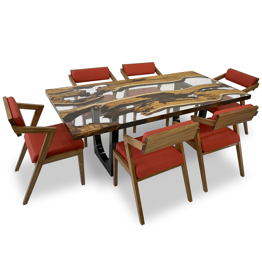 Modern Carna Hackberry Wood Dining Table with six red upholstered chairs, hackberry wood dining set