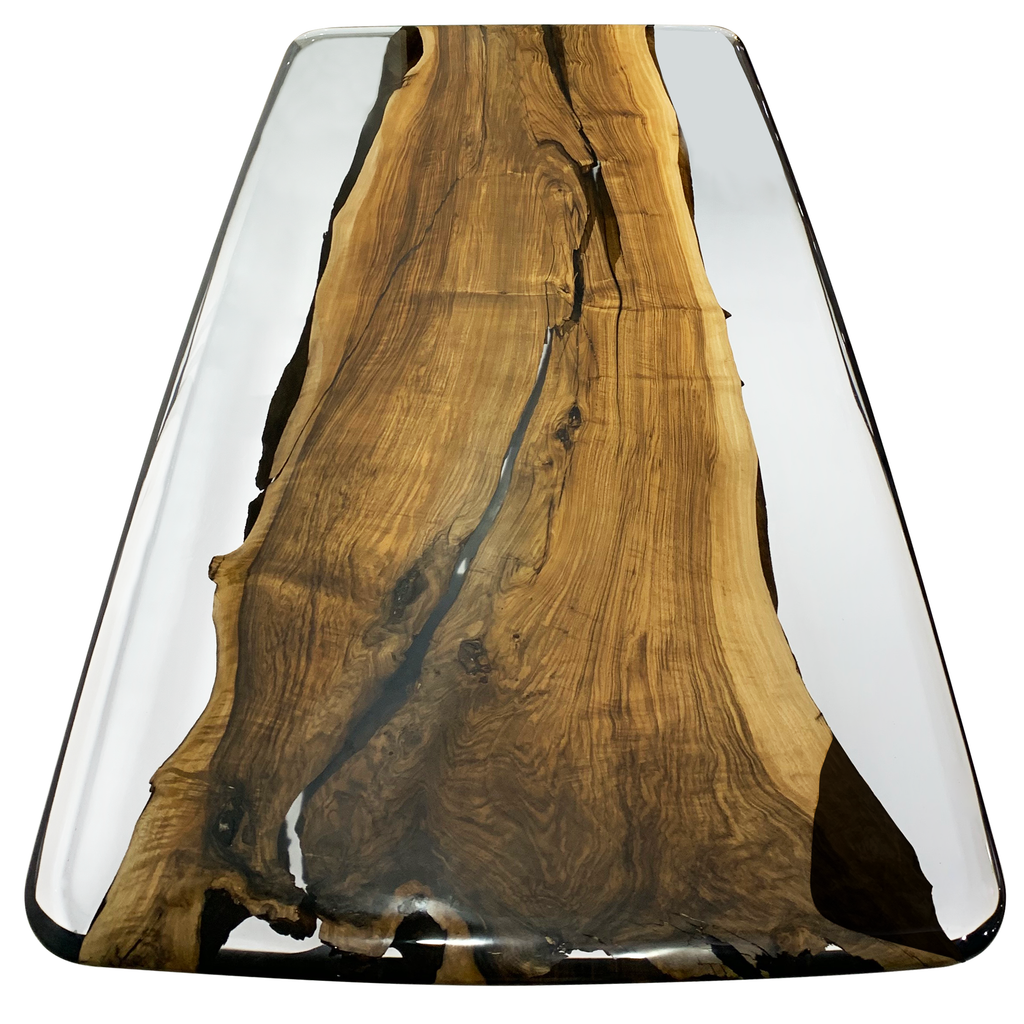 Live-edge wood slab encased in clear resin for Carna Walnut Dining Table