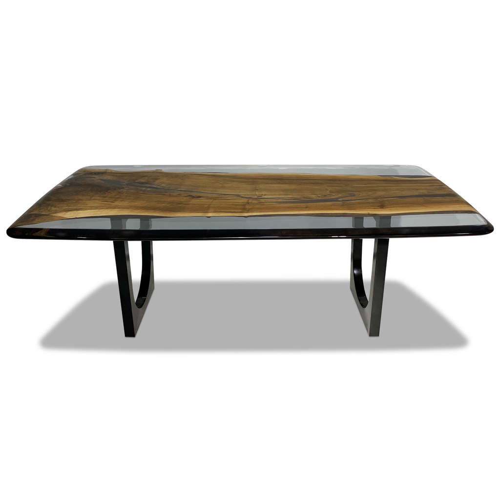 Carna Walnut Dining Table with live-edge wood slab top and black metal legs