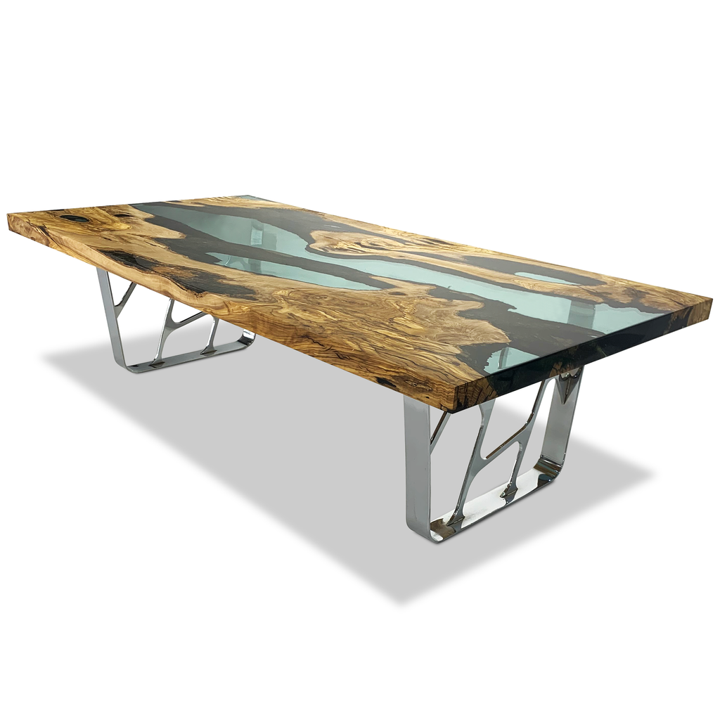 Celadon Ombrone Olive Wood Coffee Table with live-edge olive wood and epoxy resin river design