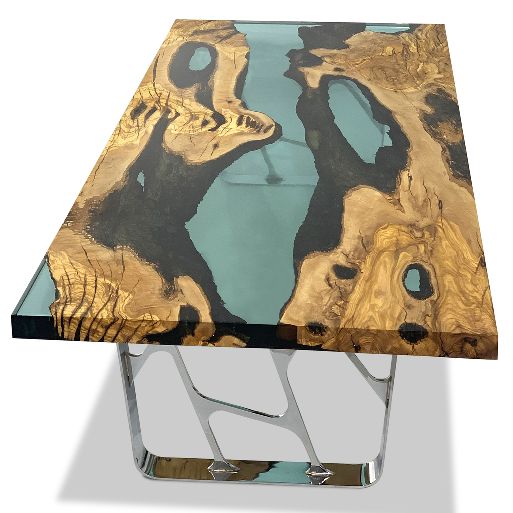 Celadon Ombrone Olive Wood Coffee Table with river edge and light blue epoxy resin