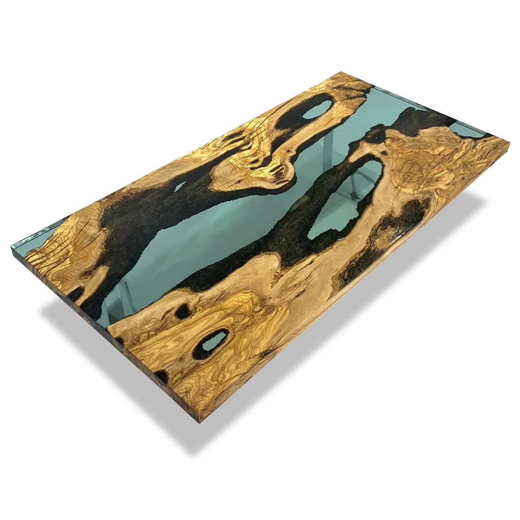Celadon Ombrone Olive Wood Coffee Table with rectangular top and teal resin river design