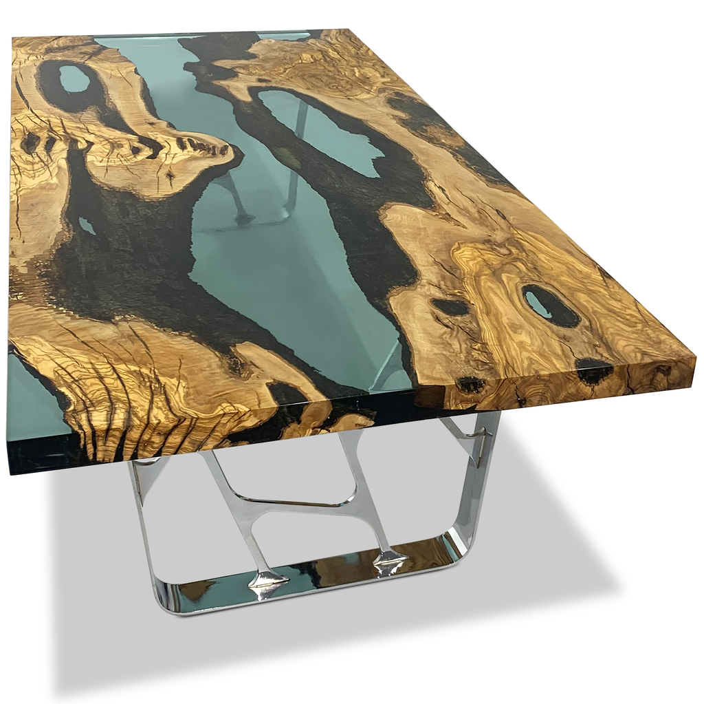 Celadon Ombrone Olive Wood Coffee Table with live-edge olive wood top and resin river
