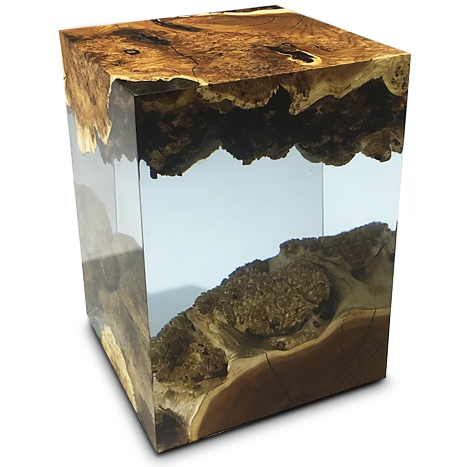Transparent resin and wood burl cube chandelier end table for stylish living spaces