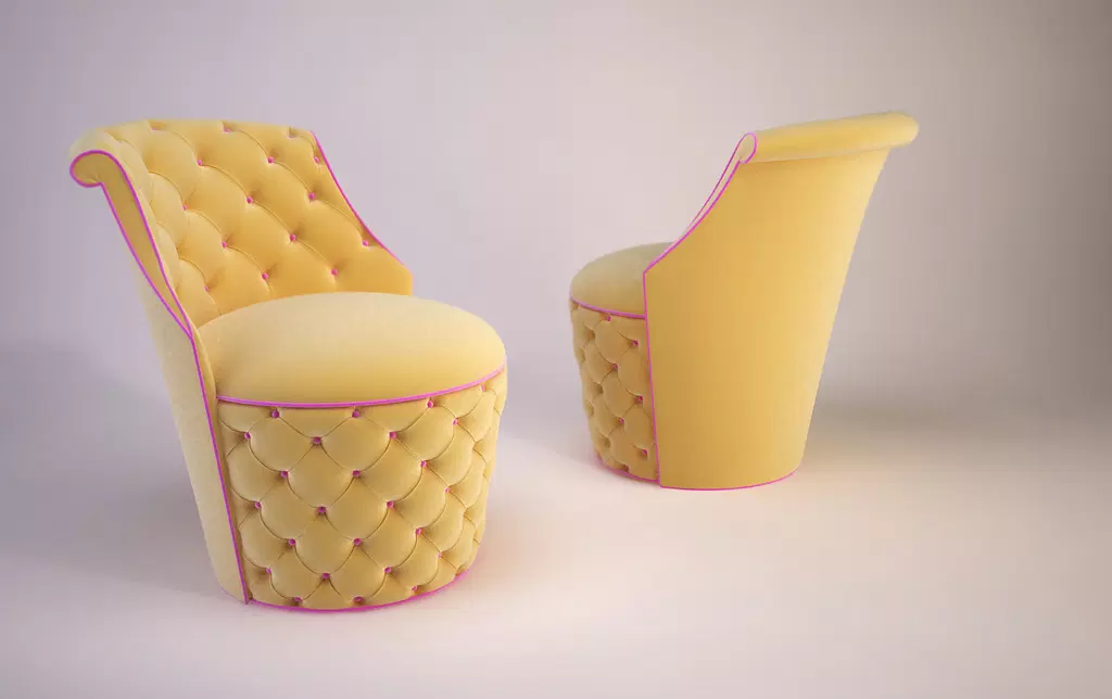 Yellow velvet Charleston Swivel Chair with tufted design and pink piping detail