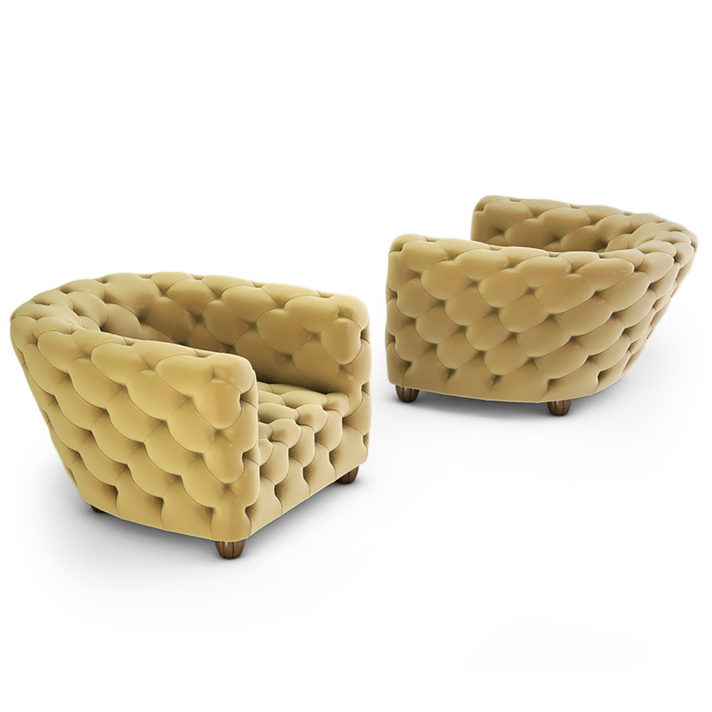 Cibolo Chair with two tufted barrel club chairs upholstered in light yellow fabric