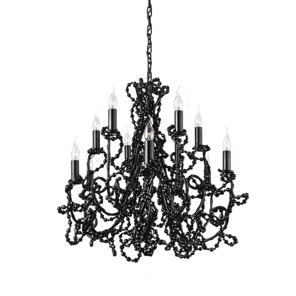 Ornate black Coco Chandelier Conical with nine candle-style lights for elegant lighting