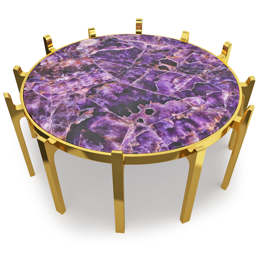 Crown Coffee Table with polished gold base and purple Amethyst top for elegant living spaces