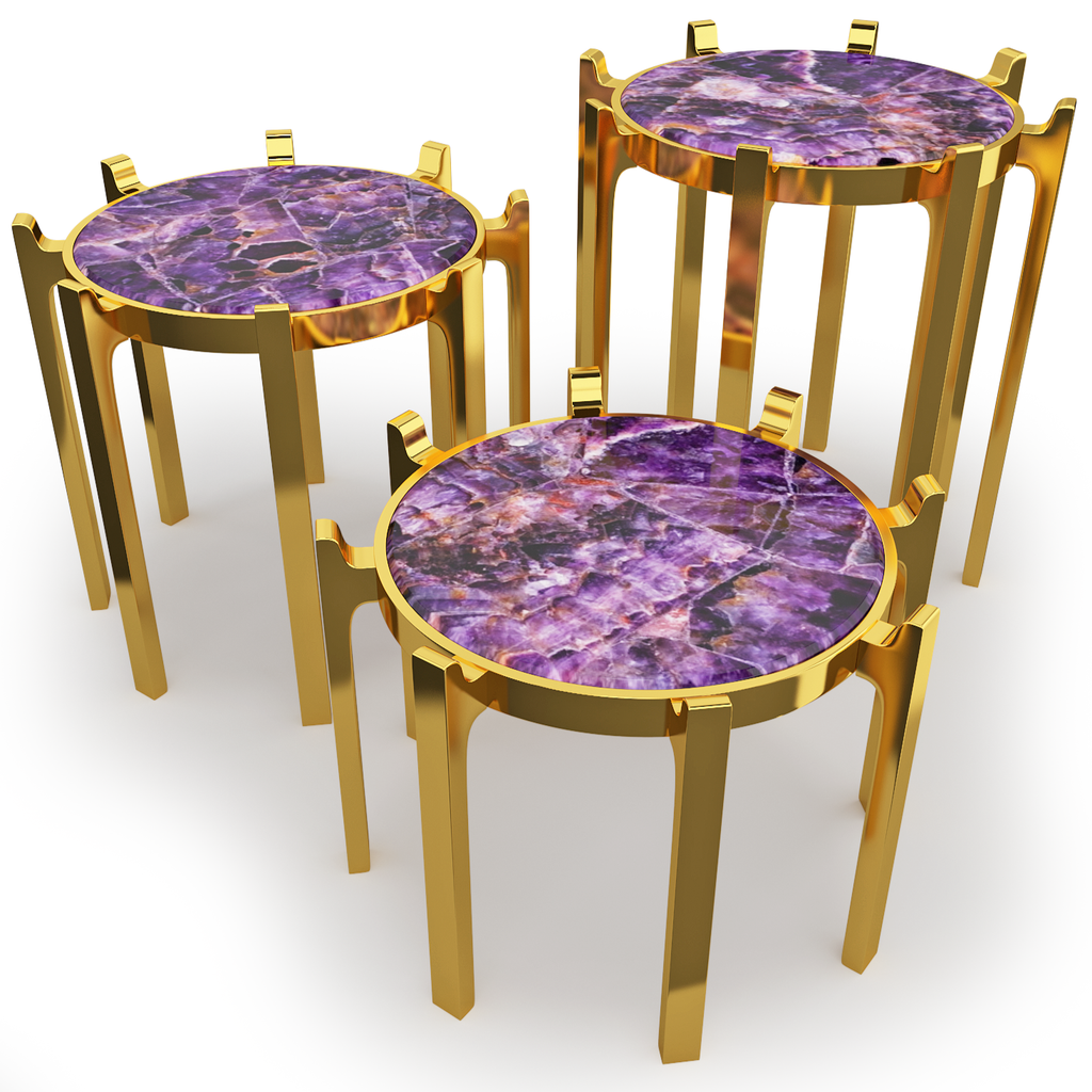 Crown Triple End Tables with gold frames and polished bases featuring purple Amethyst stone tops