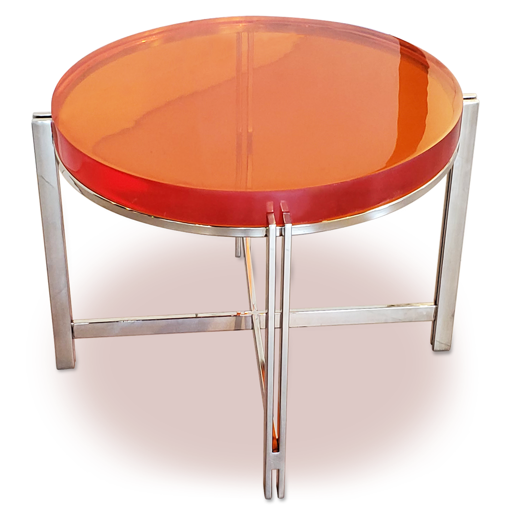 Crystal Candy Coffee Table with round clear orange acrylic top and polished chrome base