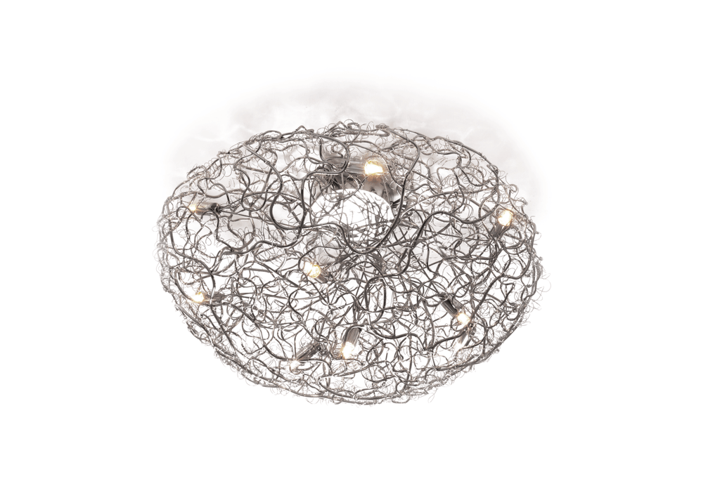 Crystal Waters Ceiling Lamp Round with tangled wire mesh shade and exposed bulbs